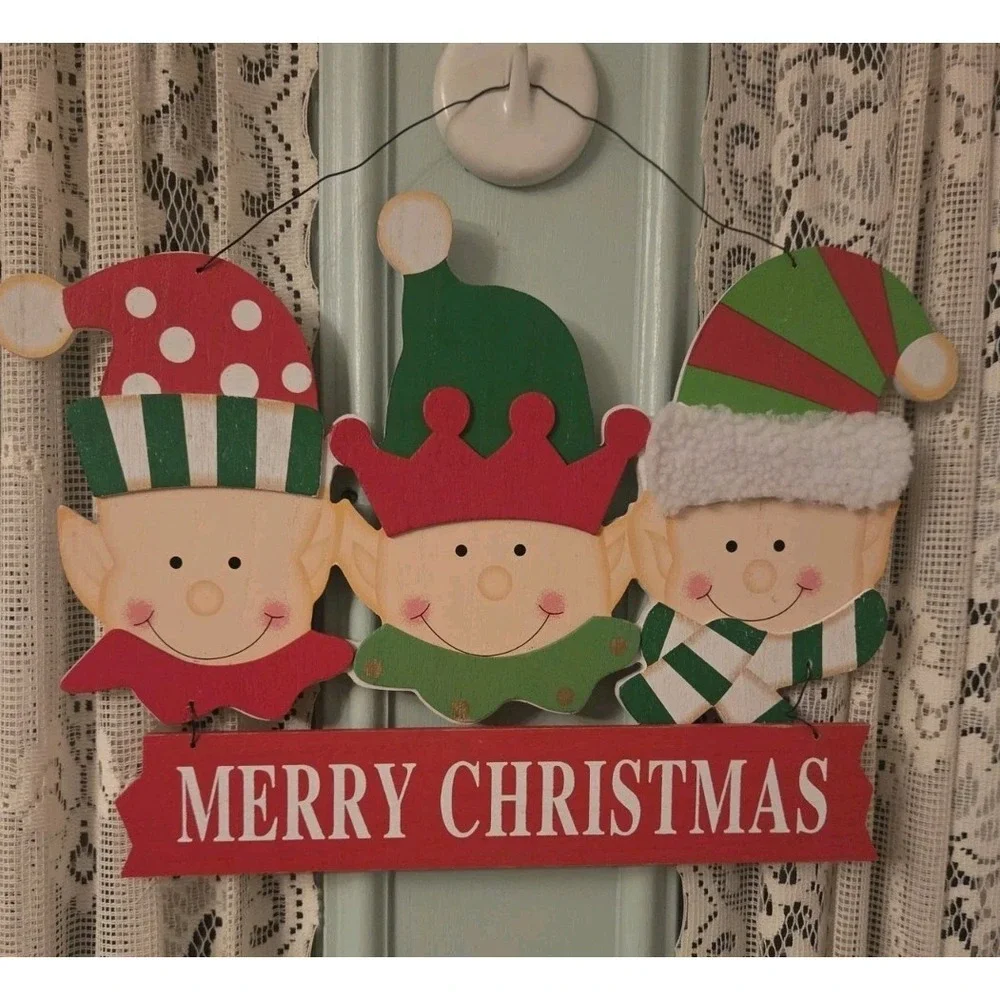 Christmas Wooden Door Sign Cheery Elves Hanging Sign Merry Christmas